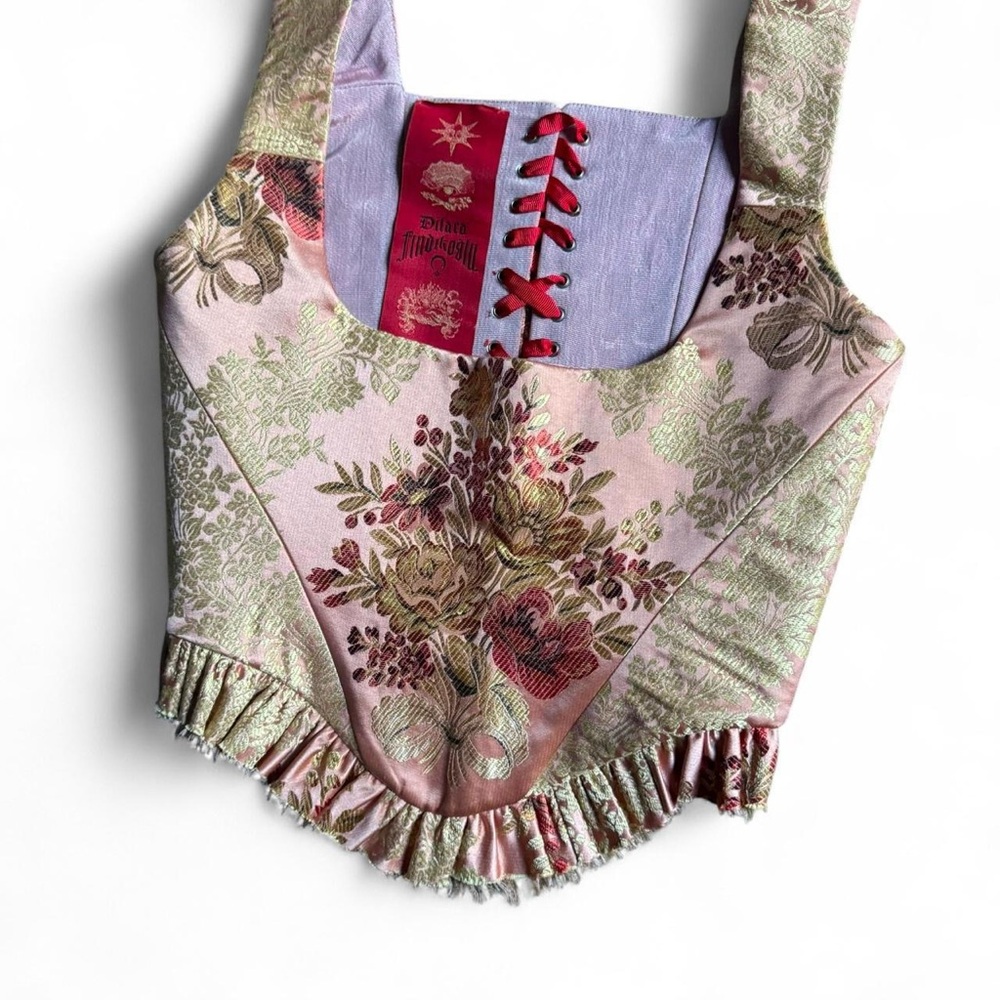 Dilara Findikoglu pink floral brocade corset with frayed hem and red string tie - Picture 2 of 7